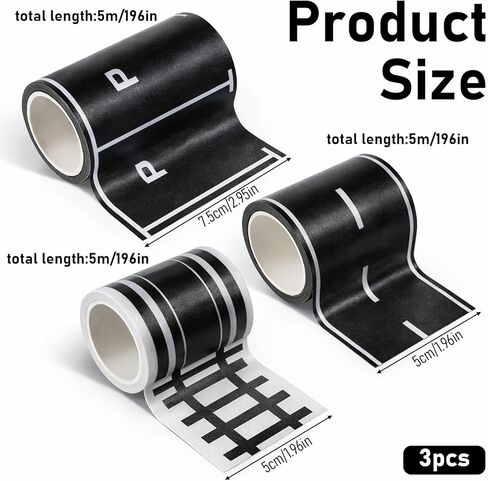 Race Track Tape, Road Tape for Toy Cars Track-Tape Sticks to Flat Surfaces No Residue for Birthday Party Racing Party Decoration (3 PCS 1.9x197/3x118) in Kuwait