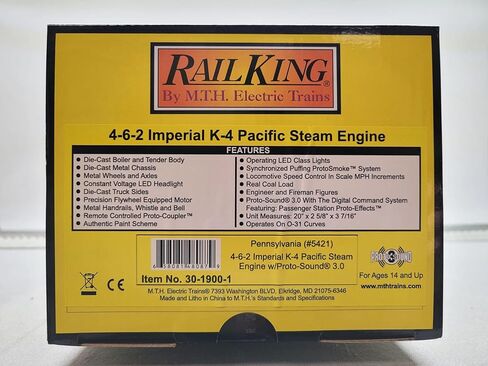 م.ث. القطارات الكهربائية MTH RAILKING PRR 4-6-2 Imperial K-4 Pacific STEAM Engine O Gauge 30-1900-1 in Kuwait