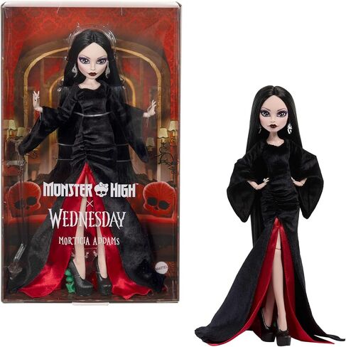 Monster High x Wednesday Doll, Morticia Addams Collectible in Black and Crimson Velvet Dress with Jewelry, Show-Inspired Heels and Doll Stand in Kuwait