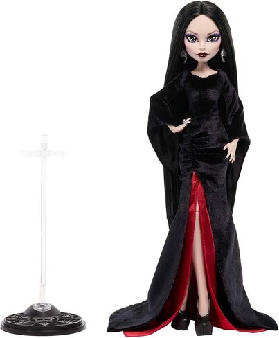 Monster High x Wednesday Doll, Morticia Addams Collectible in Black and Crimson Velvet Dress with Jewelry, Show-Inspired Heels and Doll Stand in Kuwait