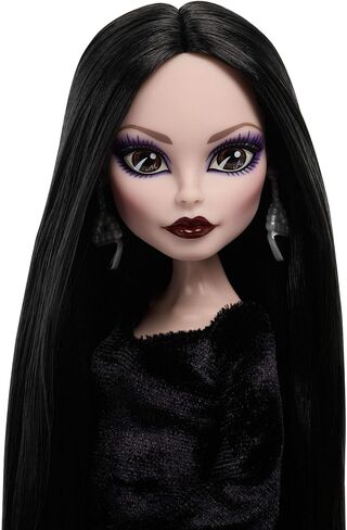 Monster High x Wednesday Doll, Morticia Addams Collectible in Black and Crimson Velvet Dress with Jewelry, Show-Inspired Heels and Doll Stand in Kuwait