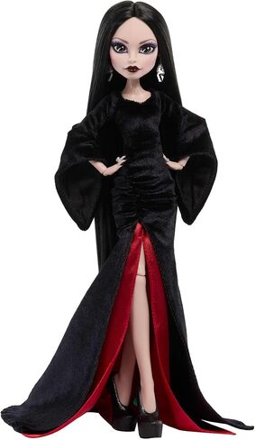 Monster High x Wednesday Doll, Morticia Addams Collectible in Black and Crimson Velvet Dress with Jewelry, Show-Inspired Heels and Doll Stand in Kuwait