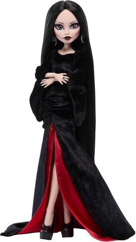 Monster High x Wednesday Doll, Morticia Addams Collectible in Black and Crimson Velvet Dress with Jewelry, Show-Inspired Heels and Doll Stand in Kuwait