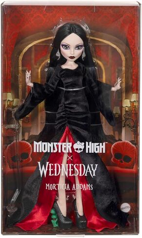 Monster High x Wednesday Doll, Morticia Addams Collectible in Black and Crimson Velvet Dress with Jewelry, Show-Inspired Heels and Doll Stand in Kuwait