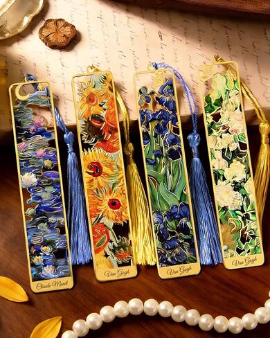 4 Pieces Metal Bookmarks with Tassel, Golden Hollow Bookmark Van Gogh Monet Oil Painting Theme Book Marker for Book Lovers Writers Readers Children Teens Men Women Adults in Kuwait