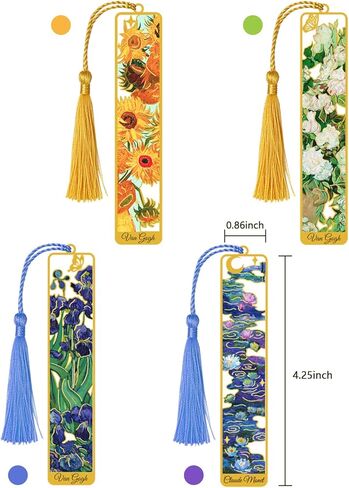 4 Pieces Metal Bookmarks with Tassel, Golden Hollow Bookmark Van Gogh Monet Oil Painting Theme Book Marker for Book Lovers Writers Readers Children Teens Men Women Adults in Kuwait