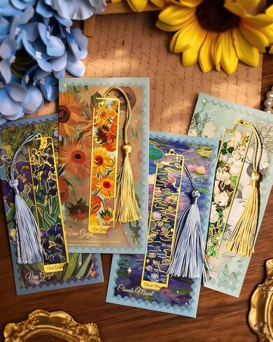 4 Pieces Metal Bookmarks with Tassel, Golden Hollow Bookmark Van Gogh Monet Oil Painting Theme Book Marker for Book Lovers Writers Readers Children Teens Men Women Adults in Kuwait