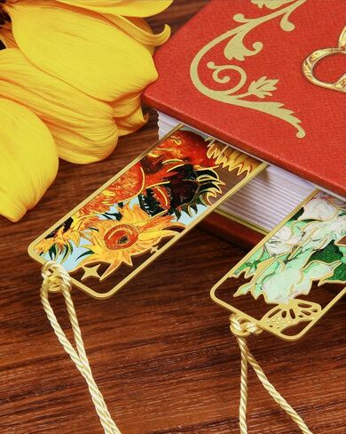 4 Pieces Metal Bookmarks with Tassel, Golden Hollow Bookmark Van Gogh Monet Oil Painting Theme Book Marker for Book Lovers Writers Readers Children Teens Men Women Adults in Kuwait