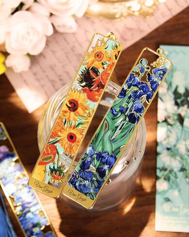 4 Pieces Metal Bookmarks with Tassel, Golden Hollow Bookmark Van Gogh Monet Oil Painting Theme Book Marker for Book Lovers Writers Readers Children Teens Men Women Adults in Kuwait