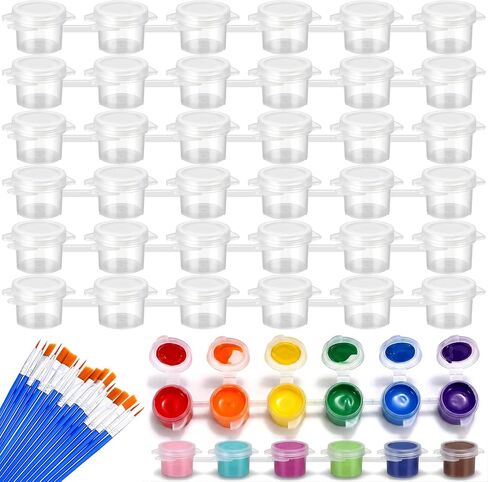 Nogeqi 6 Strips 36 Pots Paint Containers with Lids, Empty Paint Pots, Mini Painting Containers with 20 Pieces Painting Brushes, Arts Crafts Supplies for Classrooms Schools Painting Art 5 Ml/0.17 O in Kuwait