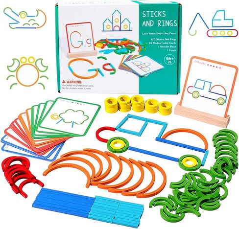 120-Piece Wooden Pattern Blocks Set with Sticks and Rings - Montessori Shape Puzzles for 3-8 Year Olds, Ideal Educational Toy for Preschool and Kindergarten Kids in Kuwait