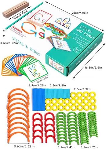 120-Piece Wooden Pattern Blocks Set with Sticks and Rings - Montessori Shape Puzzles for 3-8 Year Olds, Ideal Educational Toy for Preschool and Kindergarten Kids in Kuwait