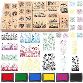 Marspark 25 Pcs Plant Stamps Eucalyptus Leaves Wooden Rubber Stamp with 6 Colors Ink Pads Set Botanical Flower Stamps for Journaling Card Making DIY Scrapbooking Decor Supplies Crafting in Kuwait