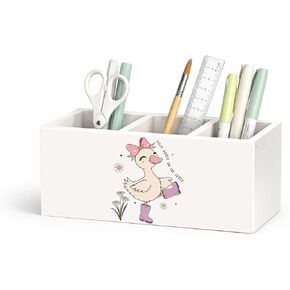 Silly Pink Goose Wooden Desk Organizer, Cute Goose Design Pen Pencil Holder with 3 Compartments, Decorative Office Supply Storage Box for Desk, Home, Office, Gift for Girls in Kuwait