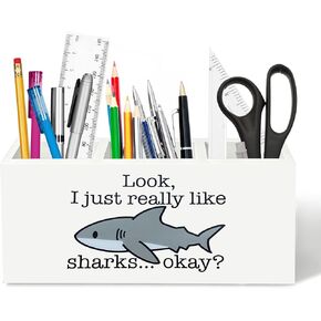Shark Lover Gifts Pen Holder for Desk, I Just Really Like Sharks Okay Wooden Box Sign Desk Decor for Kids Room Home Office Decoration, Funny Coastal Beach Fish Pencil Organizer in Saudi Arabia