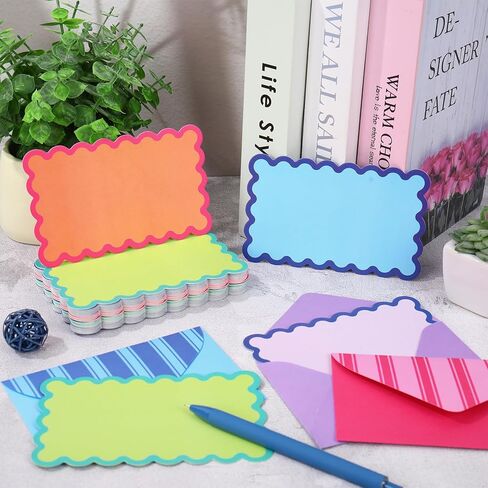 Whaline 60Pcs Flat Blank Notes with Envelopes Scalloped Stationery Set 4 Colors Non Folding Double-Sided Note Cards Blank Index Cards for Baby Shower Birthday Wedding, 5.6 x 3.5 Inch in Kuwait