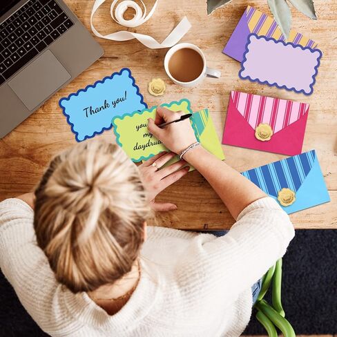 Whaline 60Pcs Flat Blank Notes with Envelopes Scalloped Stationery Set 4 Colors Non Folding Double-Sided Note Cards Blank Index Cards for Baby Shower Birthday Wedding, 5.6 x 3.5 Inch in Kuwait