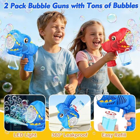 Bubble Machine Gun Kids Toys 2 Pack Rechargeable Bubble Guns with 4 Solutions Bubbles for Kids Toddlers Maker Blower Easter Basket Stuffers Dinosaur Outdoor Toys Valentines Boys Girls in Kuwait