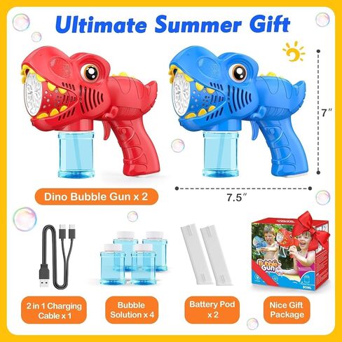 Bubble Machine Gun Kids Toys 2 Pack Rechargeable Bubble Guns with 4 Solutions Bubbles for Kids Toddlers Maker Blower Easter Basket Stuffers Dinosaur Outdoor Toys Valentines Boys Girls in Kuwait