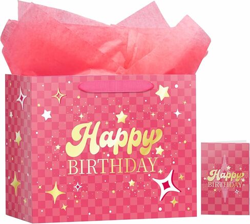 motigiftie 13 "حقيبة هدية عيد ميلاد سعيد الوردي مع المناديل الورقية وبطاقة المعايدة للحزب، حقيبة هدية عيد ميلاد سعيد للرجال والنساء، أكياس هدية ختم الساخنة in Kuwait