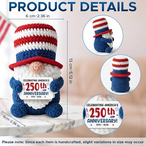 250th Anniversary USA Crochet - Gifts for Men Women Friends Brother Dad Grandpa, Celebrate America's Anniversary Crochet, 1776-2026 America Gnome Gift for Independence Day and 4th of July in Kuwait