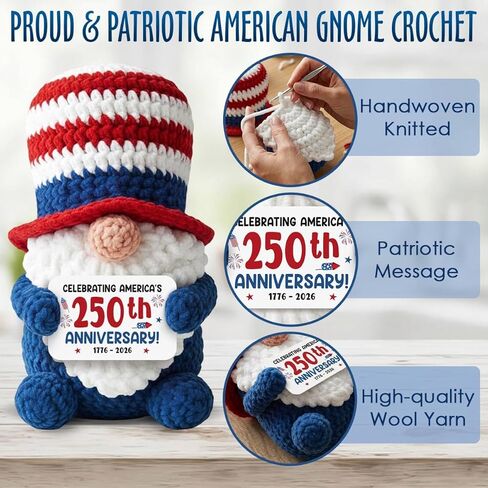 250th Anniversary USA Crochet - Gifts for Men Women Friends Brother Dad Grandpa, Celebrate America's Anniversary Crochet, 1776-2026 America Gnome Gift for Independence Day and 4th of July in Kuwait