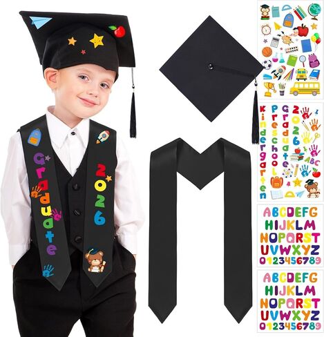 6 Pcs 2024 Preschool Kindergarten Graduation Cap Stole Iron on Letter Set Unisex Cap and Graduation Sash Sublimation Blank Stole Graduation Gifts for Kids Iron on Letters for DIY Craft in Saudi Arabia