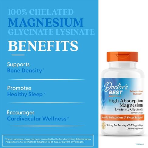 Doctor's Best High Absorption Magnesium Glycinate Lysinate 100% Chelated, Non-GMO, Vegan, 120 Veggie Capsule (Pack of 1) in Saudi Arabia