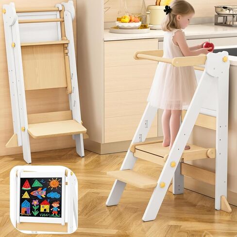 Foldable Toddler Tower, Wooden Toddler Kitchen Stool with 3 Adjustable Heights and Removable White/Blackboard, Montessori Foldable Learning Tower Kitchen Stool, Natural Wood in Kuwait