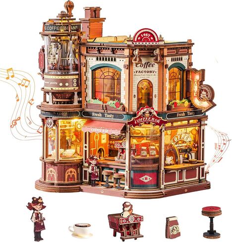 ROKR Dream Coffee Factory, Wooden Music Box Model, Mechanical 3D Wooden Puzzles for Adults, Building Kit with Moving LED Lights, Miniature House Kits, Desk Decor Gift in Kuwait