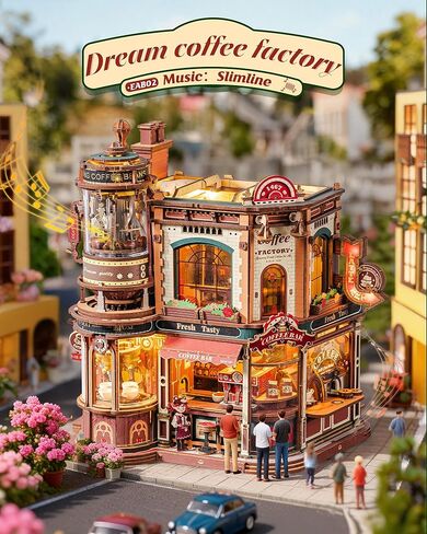 ROKR Dream Coffee Factory, Wooden Music Box Model, Mechanical 3D Wooden Puzzles for Adults, Building Kit with Moving LED Lights, Miniature House Kits, Desk Decor Gift in Kuwait