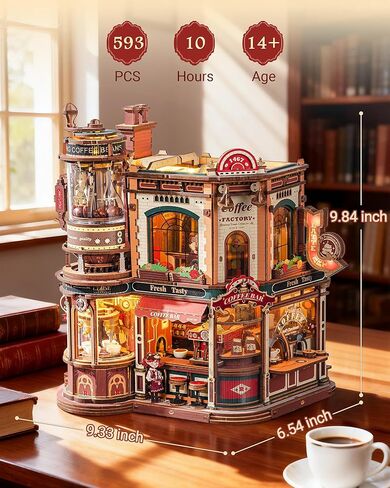 ROKR Dream Coffee Factory, Wooden Music Box Model, Mechanical 3D Wooden Puzzles for Adults, Building Kit with Moving LED Lights, Miniature House Kits, Desk Decor Gift in Kuwait