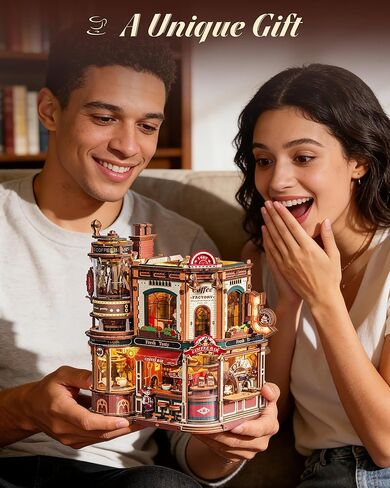 ROKR Dream Coffee Factory, Wooden Music Box Model, Mechanical 3D Wooden Puzzles for Adults, Building Kit with Moving LED Lights, Miniature House Kits, Desk Decor Gift in Kuwait