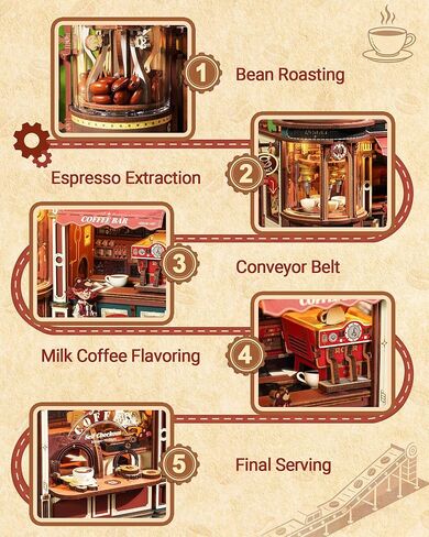 ROKR Dream Coffee Factory, Wooden Music Box Model, Mechanical 3D Wooden Puzzles for Adults, Building Kit with Moving LED Lights, Miniature House Kits, Desk Decor Gift in Kuwait