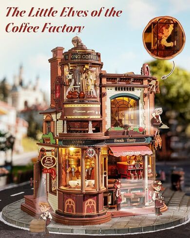 ROKR Dream Coffee Factory, Wooden Music Box Model, Mechanical 3D Wooden Puzzles for Adults, Building Kit with Moving LED Lights, Miniature House Kits, Desk Decor Gift in Kuwait