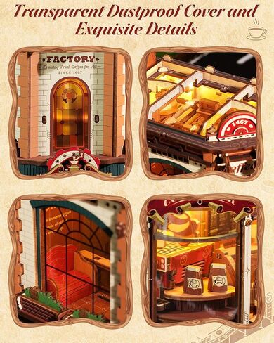 ROKR Dream Coffee Factory, Wooden Music Box Model, Mechanical 3D Wooden Puzzles for Adults, Building Kit with Moving LED Lights, Miniature House Kits, Desk Decor Gift in Kuwait