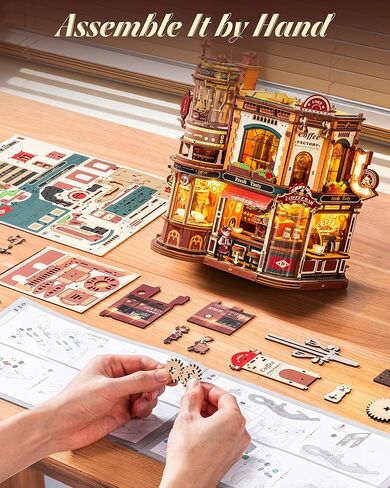 ROKR Dream Coffee Factory, Wooden Music Box Model, Mechanical 3D Wooden Puzzles for Adults, Building Kit with Moving LED Lights, Miniature House Kits, Desk Decor Gift in Kuwait