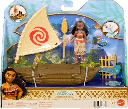 Mattel Disney Toys, Moana Small Doll & Floating Boat Playset with Heihei Rooster Figure, Wave Launcher & 2 Accessories, Inspired by Movie in Kuwait