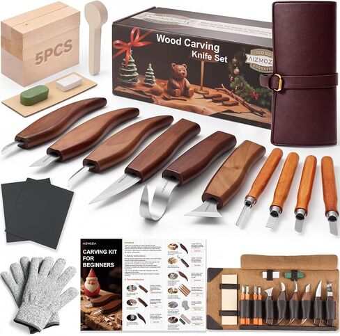 Wood Carving Kit, 30Pcs Wood Carving Tools Set with Leather Storage Bag, Deluxe Whittling Kit, 9 Wood Carving Knives 5 Chisels 4 Blocks (30-Piece Leather Bag Set) in Kuwait