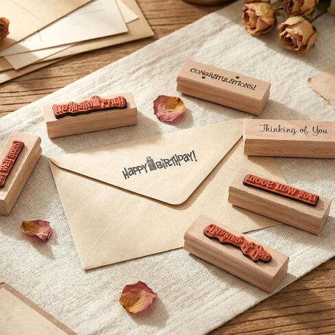 Wood Rubber Stamp Set, 7 Pcs Happy Birthday, Thank You, with Love, Merry Christmas, Handmade Sentiments, Vintage Floral Butterfly Designs for DIY Card Making, Scrapbooking, Gift Wrapping in Kuwait