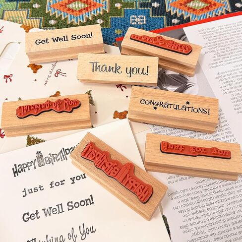 7-Piece Handmade Sentiment Wood Stamp Set - for Gift Packaging: Thank You, Just for You, Happy Birthday, Thinking of You, with Love, Congratulations- for DIY Crafts, Journals, Card Making Supplies in Kuwait