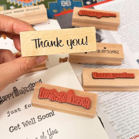 7-Piece Handmade Sentiment Wood Stamp Set - for Gift Packaging: Thank You, Just for You, Happy Birthday, Thinking of You, with Love, Congratulations- for DIY Crafts, Journals, Card Making Supplies in Kuwait