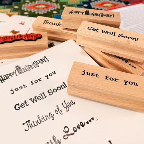 7-Piece Handmade Sentiment Wood Stamp Set - for Gift Packaging: Thank You, Just for You, Happy Birthday, Thinking of You, with Love, Congratulations- for DIY Crafts, Journals, Card Making Supplies in Kuwait