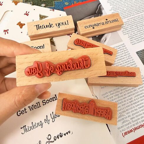7-Piece Handmade Sentiment Wood Stamp Set - for Gift Packaging: Thank You, Just for You, Happy Birthday, Thinking of You, with Love, Congratulations- for DIY Crafts, Journals, Card Making Supplies in Kuwait