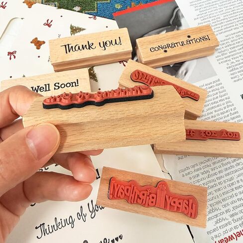 7-Piece Handmade Sentiment Wood Stamp Set - for Gift Packaging: Thank You, Just for You, Happy Birthday, Thinking of You, with Love, Congratulations- for DIY Crafts, Journals, Card Making Supplies in Kuwait