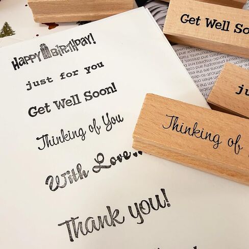 7-Piece Handmade Sentiment Wood Stamp Set - for Gift Packaging: Thank You, Just for You, Happy Birthday, Thinking of You, with Love, Congratulations- for DIY Crafts, Journals, Card Making Supplies in Kuwait