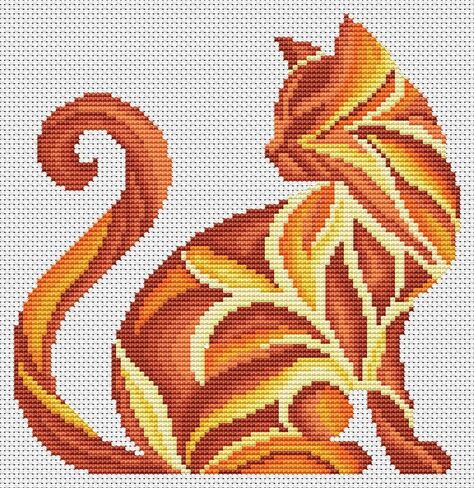 Cross Stitch Printed Pattern Burnt Orange Abstract Cat Handmade DIY Chart Counted Needlework DMC Color in Kuwait