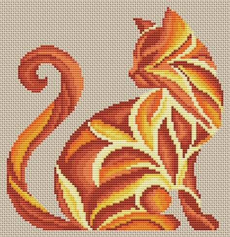 Cross Stitch Printed Pattern Burnt Orange Abstract Cat Handmade DIY Chart Counted Needlework DMC Color in Kuwait