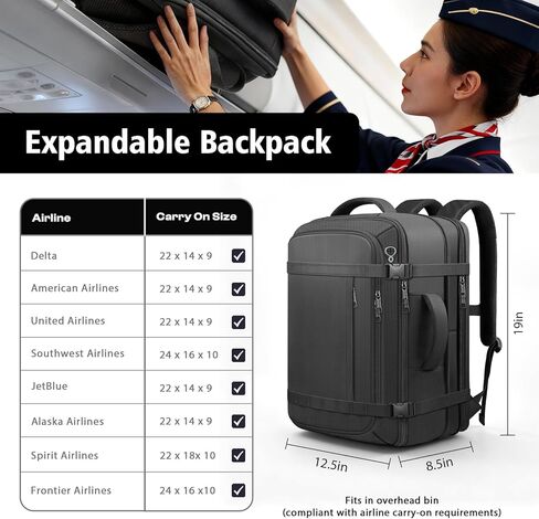 Ample Space Travel Backpack with LifetimeWarranty,Expandable Carry on Backpack with Cable Access Port,Fits 17.3"Laptop Notebook,Water Resistant Weekender Backpack Business Trips,Daily Travel,Black in Kuwait