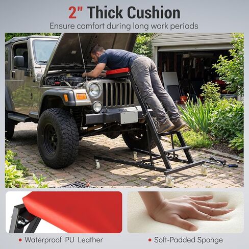 Topside Automotive Engine Creeper, Foldable Mechanic Creeper with 42"-69" Adjustable Height, Casters & Tool Pouch, 400 LBS Capacity Creeper for Truck, SUV & Garage Repair, Black & Red in Kuwait